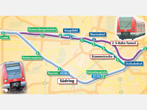 Stammstrecke versus S&uuml;dring: W&auml;hrend der zweite Tunnel (lila) parallel zur alten Strecke (t&uuml;rkis) zentral verlaufen soll, w&uuml;rde der S&uuml;dring (hellblau) das Stadtzentrum umkurven.
