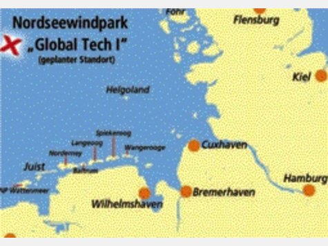 Vor der Nordseeinsel Juist sollen die 80 Turbinen Wind in Energie für Münchner Privathaushalte umwandeln. Grafik: mm Vor der Nordseeinsel Juist sollen die 80 Turbinen Wind in Energie für Münchner Privathaushalte umwandeln. Grafik: mm