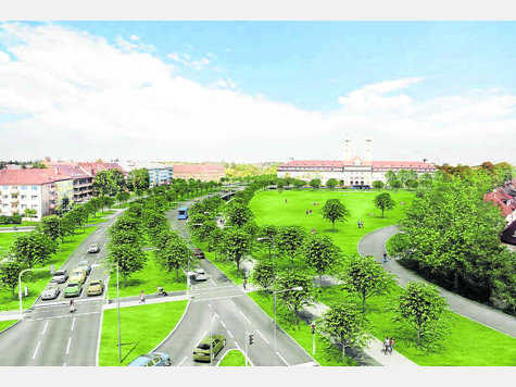Der Luise-Kiesselbach-Platz der Zukunft soll so aussehen: weniger Verkehr, daf&uuml;r mehr B&auml;ume. Simulation: Form 3d