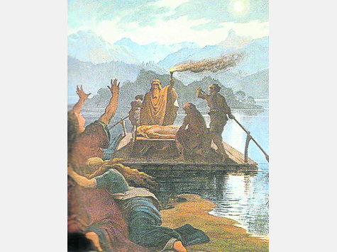 Kelten, die ihre Toten auf der Insel Wörth begruben, auf dem Staffelsee: Heinrich Freiherr von Pechmann fertigte dieses Fresko 1866 an, das in der Kapelle der Insel Wörth zu sehen ist. Der Freiherr ist die zentrale Figur des Kulturknall-Theaterstücks. Repro: Menschen helfen Kelten, die ihre Toten auf der Insel Wörth begruben, auf dem Staffelsee: Heinrich Freiherr von Pechmann fertigte dieses Fresko 1866 an, das in der Kapelle der Insel Wörth zu sehen ist. Der Freiherr ist die zentrale Figur des Kulturknall-Theaterstücks. Repro: Menschen helfen