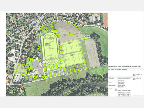 So könnte das Sportgelände am Bürgerhaus ausschauen: Der bestehende große Platz bekommt eine 400-Meter-Laufbahn, dazu werden an den schmalen Seiten halbrunde Segmente so hergerichtet, dass etwa Leichtathleten sie nutzen können. Die zwei kleineren Plätze werden östlich vom Hauptplatz angesiedelt. Die Zufahrt (unten im Bild) wird zu einer befestigten Straße ausgebaut, an der rund 200 Parkplätze entstehen. Der Basketballplatz, der dafür weichen müsste, könnte an anderer Stelle neu gebaut werden. Die Stockschützenbahn wird ein Stück nach Osten verschoben. PLan: Luska Freiraum So könnte das Sportgelände am Bürgerhaus ausschauen: Der bestehende große Platz bekommt eine 400-Meter-Laufbahn, dazu werden an den schmalen Seiten halbrunde Segmente so hergerichtet, dass etwa Leichtathleten sie nutzen können. Die zwei kleineren Plätze werden östlich vom Hauptplatz angesiedelt. Die Zufahrt (unten im Bild) wird zu einer befestigten Straße ausgebaut, an der rund 200 Parkplätze entstehen. Der Basketballplatz, der dafür weichen müsste, könnte an anderer Stelle neu gebaut werden. Die Stockschützenbahn wird ein Stück nach Osten verschoben. PLan: Luska Freiraum
