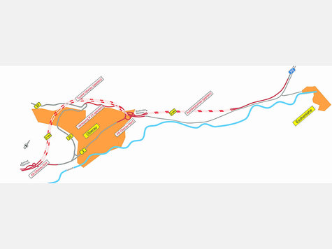 Neue Route: Statt über die B2 soll der Verkehr nach dem Autobahnende durch den Auerbergtunnel (rot-gestrichelte Linie) geleitet werden. Grafik: Autobahndirektion Südbayern Neue Route: Statt über die B2 soll der Verkehr nach dem Autobahnende durch den Auerbergtunnel (rot-gestrichelte Linie) geleitet werden. Grafik: Autobahndirektion Südbayern