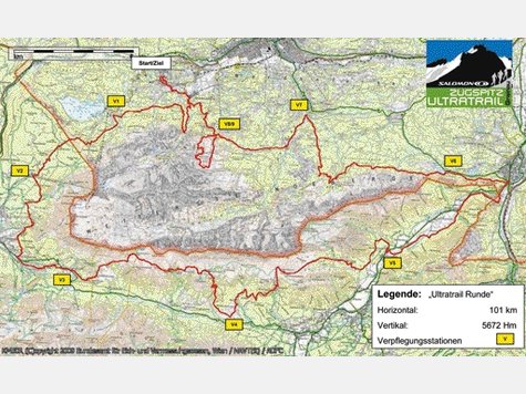 Grenz&uuml;bergreifend: Die Strecke des Zugspitz Ultratrails umrundet das gesamte Wettersteinmassiv. grafik: fkn