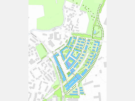 Das Streitobjekt: der weit gediehene Bebauungsplan mit dem Bahnhof (gelb), der Park & Ride-Anlage (unten r.), dem Busbahnhof (Mitte l.), möglicher Wohnbebauung und der Nordanbindung (oben r.). Skizze: Stadtplanungsamt Erding Das Streitobjekt: der weit gediehene Bebauungsplan mit dem Bahnhof (gelb), der Park & Ride-Anlage (unten r.), dem Busbahnhof (Mitte l.), möglicher Wohnbebauung und der Nordanbindung (oben r.). Skizze: Stadtplanungsamt Erding