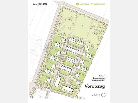 Wohnen am Stadtrand: So k&ouml;nnten die H&auml;user im Areal &bdquo;Am Hardtfeld II&ldquo; angeordnet werden. Goldbrunner + Hrycyk