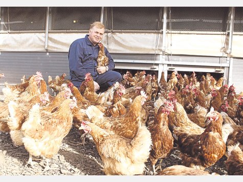 Gl&uuml;ckliche H&uuml;hner und ein gl&uuml;cklicher H&uuml;hnerhalter: Michael H&auml;sch bewirtschaftet in dritter Generation den Bertenbauernhof in Dietramszell. Bei ihm hat jedes Tier vier Quadratmeter Auslauf auf der freien Wiese &ndash; anders als in gewissen Betrieben in Niedersachsen. Foto: red