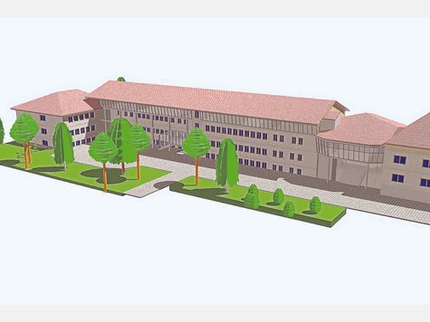 So könnte die Schulerweiterung aussehen: Rechts die neue Aula mit einem Walmdach, links anschließend der Querbau mit dem neuen Dachgeschoss samt Säulen und ganz links der noch nicht umgebaute Teil für Mittagsbetreuung und Perchtenstiftung. Plan: gemeinde So könnte die Schulerweiterung aussehen: Rechts die neue Aula mit einem Walmdach, links anschließend der Querbau mit dem neuen Dachgeschoss samt Säulen und ganz links der noch nicht umgebaute Teil für Mittagsbetreuung und Perchtenstiftung. Plan: gemeinde
