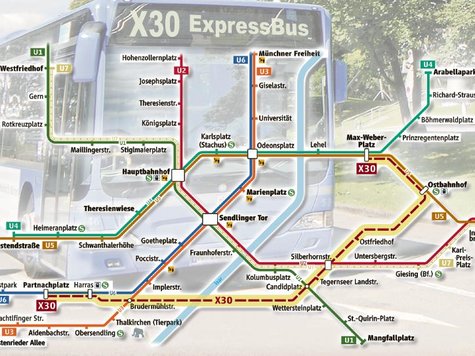 ExpressBus X30: Die Verkehrsgesellschaft schickt ab dem 15. Dezember einen neuen Bus quer durch die Stadt, der nur an wenigen Haltepunkten stoppt. Die neue &bdquo;X30&ldquo;-Linie ist im Plan gelb hinterlegt. Grafik: Ertl