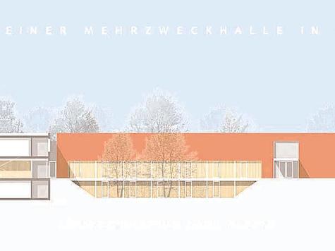 Viel Licht und einen barrierefreien Zugang will das Architekturb&uuml;ro B&auml;r, Stadelmann und St&ouml;cker durch den abgesenkten Innenhof f&uuml;r die Mittagsbetreuung im Untergeschoss der Neurieder Mehrzweckhalle schaffen. Unser Bild zeigt einen L&auml;ngsschnitt des Hofs nach Westen. Links befindet sich die Grundschule. Grafik: BSS-Architektur